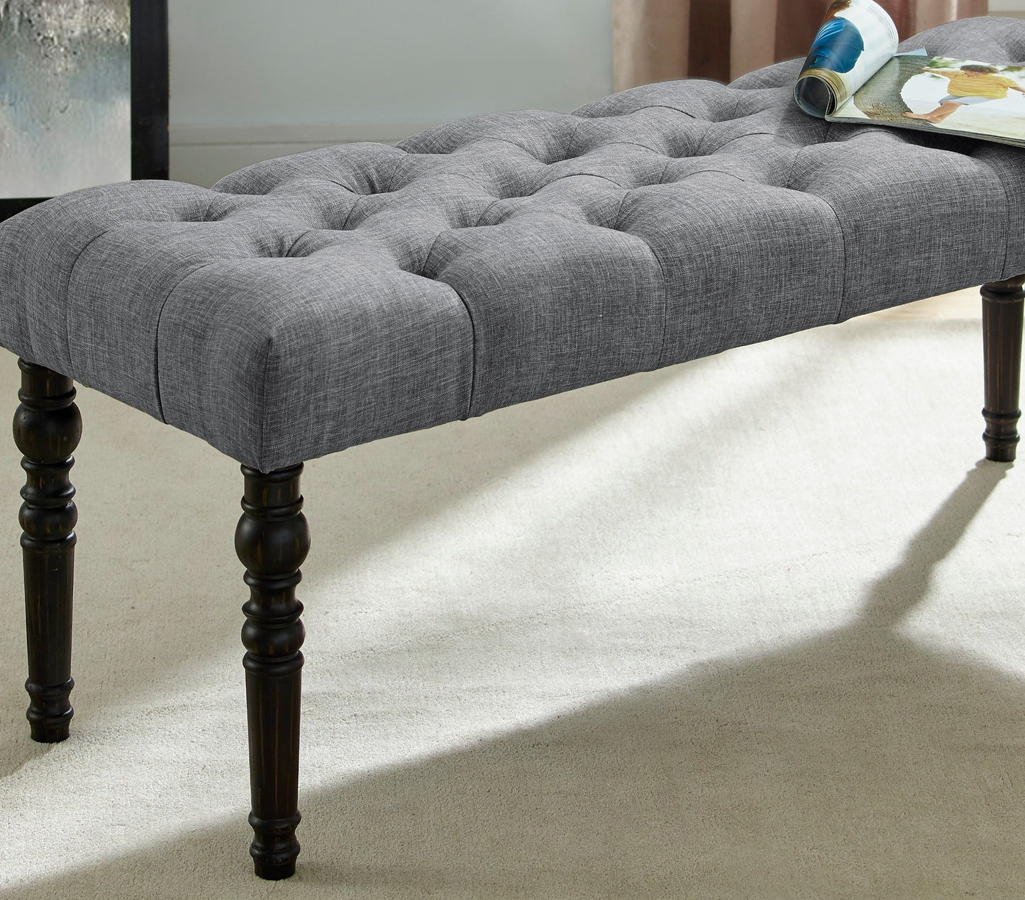 Solid Wood Dining Bench with Turned Legs, Button-Tufted Fabric Seat, 48W x 16D x 19.5H in Gray