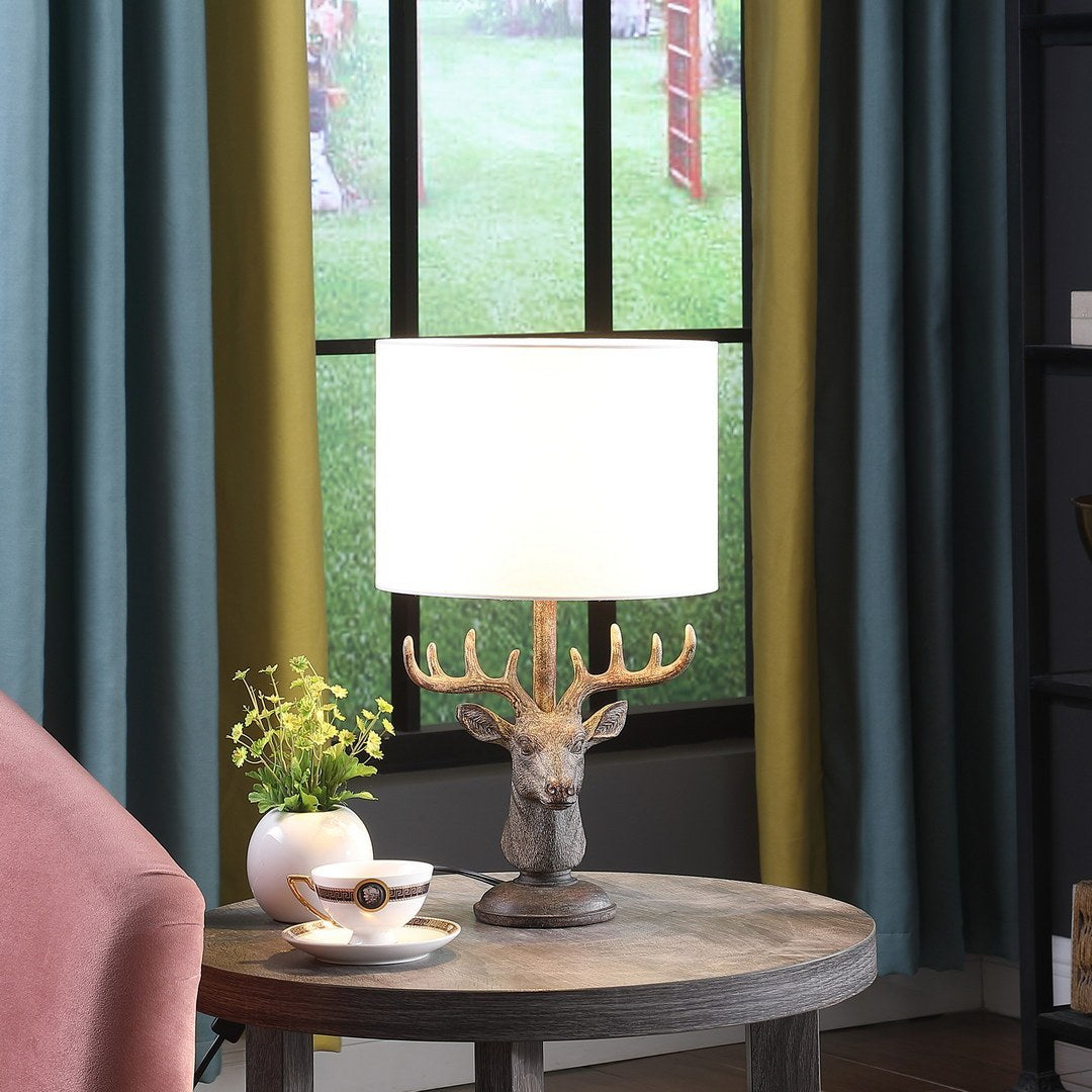 18-Inch Elk Bust Table Lamp in Polyresin with White Linen Shade, Inline On/Off, E26, 100W Max, Gray