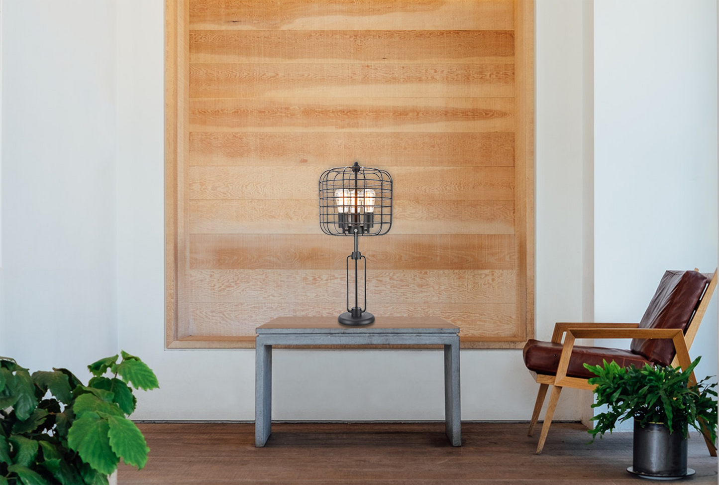 Industrial Wire Cage Table Lamp, 26.5 in Tall, 15x15 Base, USB, Pull Chain, Edison Bulb, 25W Max, Black