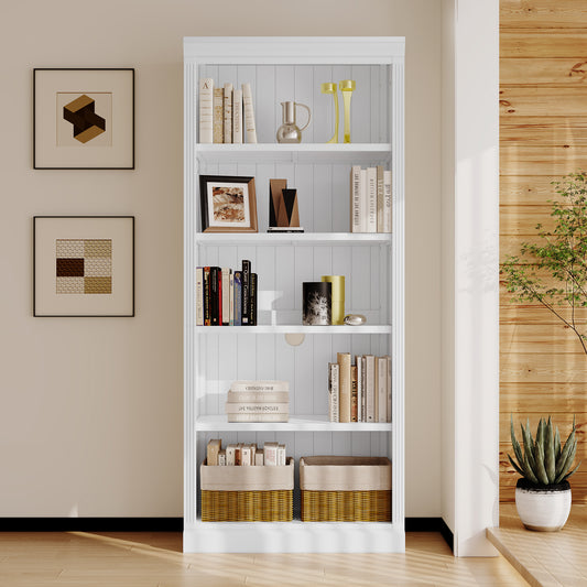 Modern 5-Tier White Wooden Bookcase with Adjustable Shelves for Home and Office Storage