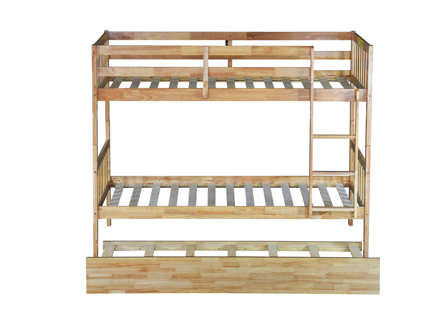 Convertible Twin Over Twin Bunk Bed with Trundle, Rubber Wood Design, Ladder & Safety Guardrails, Natural Finish