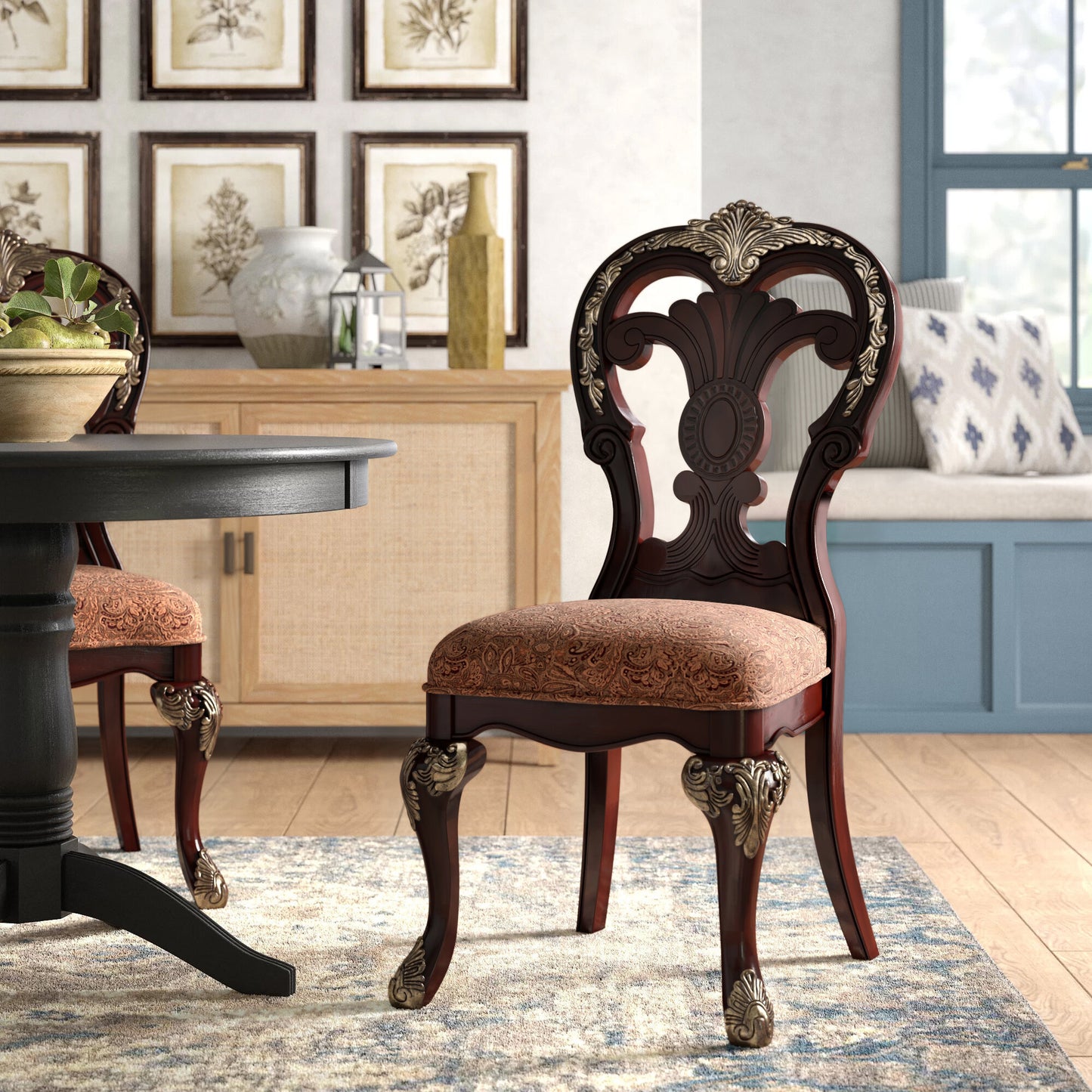 2-Piece Traditional Dining Side Chairs, Fabric Upholstered Wood Frame Gold Tipping, 21.25 in Seat, Cherry