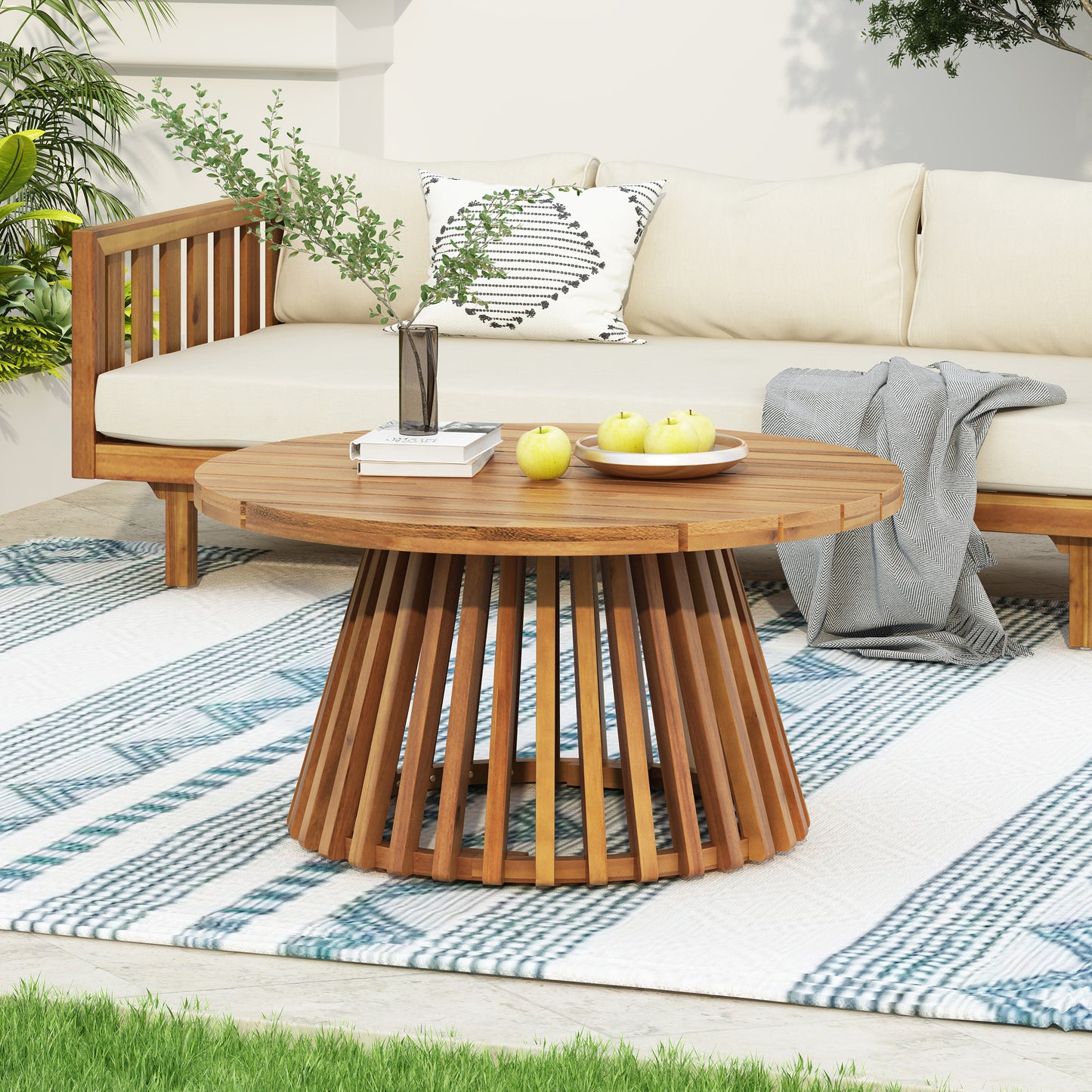 Round Outdoor Acacia Wood Patio Coffee Table 31.5 Inch Diameter For Backyard Lawn Balcony Outdoor Living Teak Finish