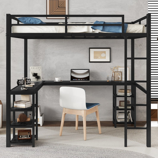 Stylish Black Metal Loft Bed with Integrated Desk and Storage Shelves