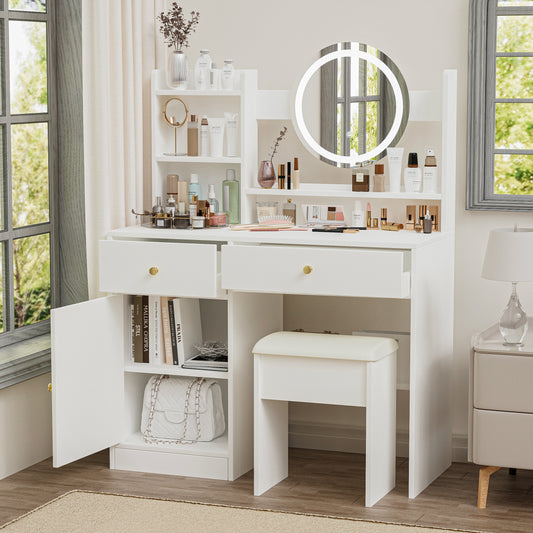 Vanity Set with LED Mirror and Adjustable Lighting, Cushioned Stool, 2 Drawers, Bedroom Vanity, White