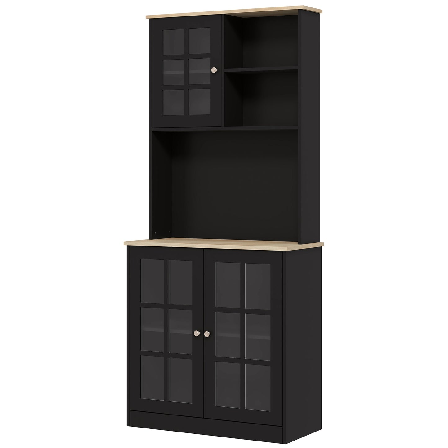 Modern Black Kitchen Pantry Cabinet with Glass Doors and Adjustable Shelves, 72" Freestanding Storage for Dining Room and Coffee Bar