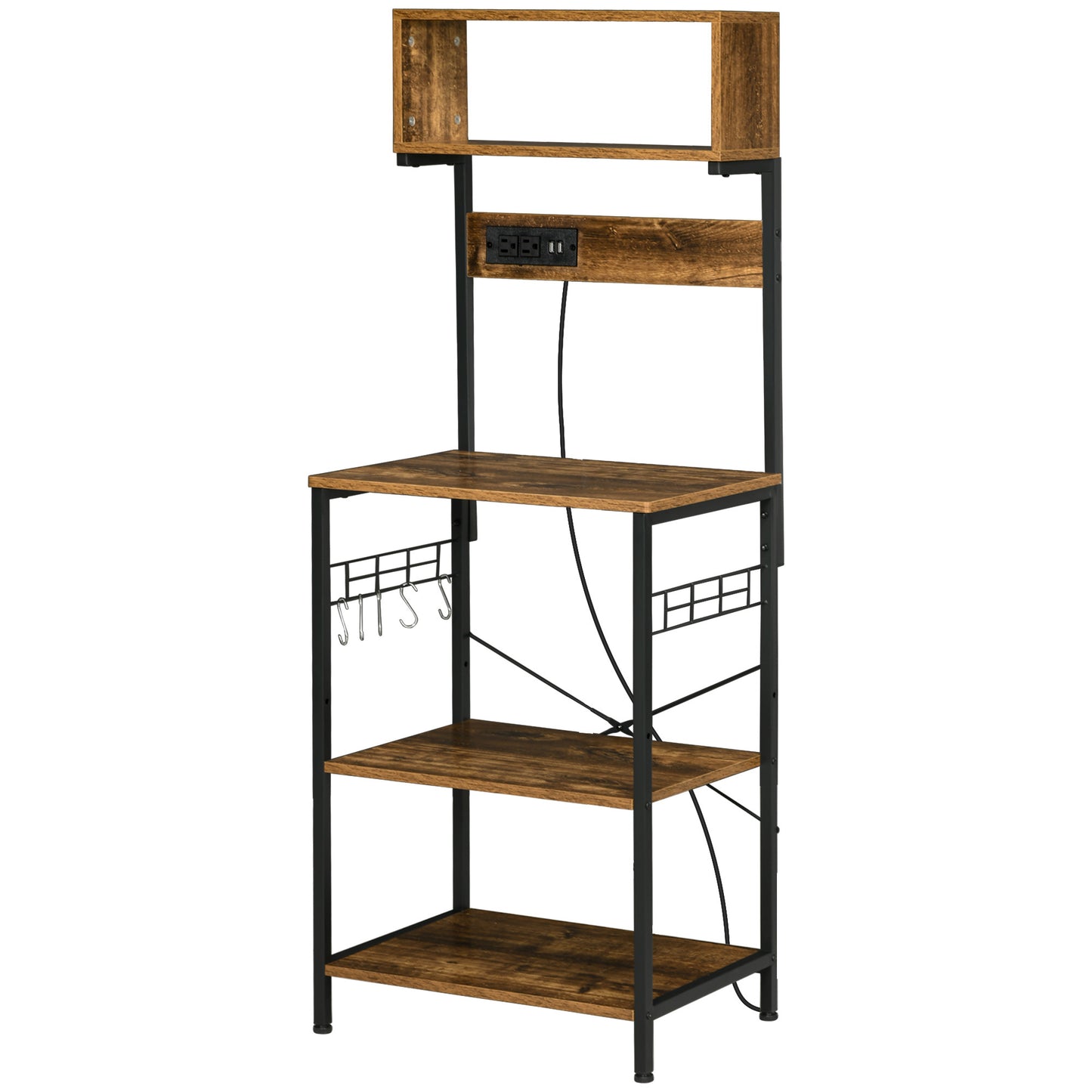 Rustic Brown Kitchen Bakers Rack with Power Outlet, USB Charging, Adjustable Shelves, and Coffee Bar Functionality