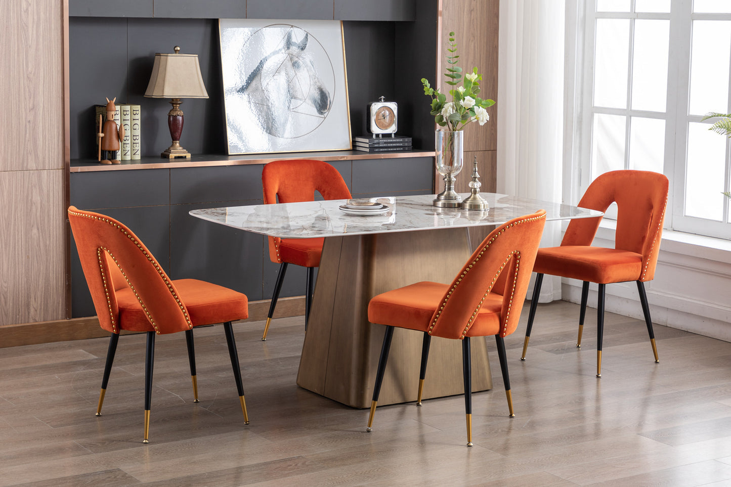Set of 2 Velvet Upholstered Dining Chairs with Nailhead Trim and Gold-Tipped Black Metal Legs, Orange
