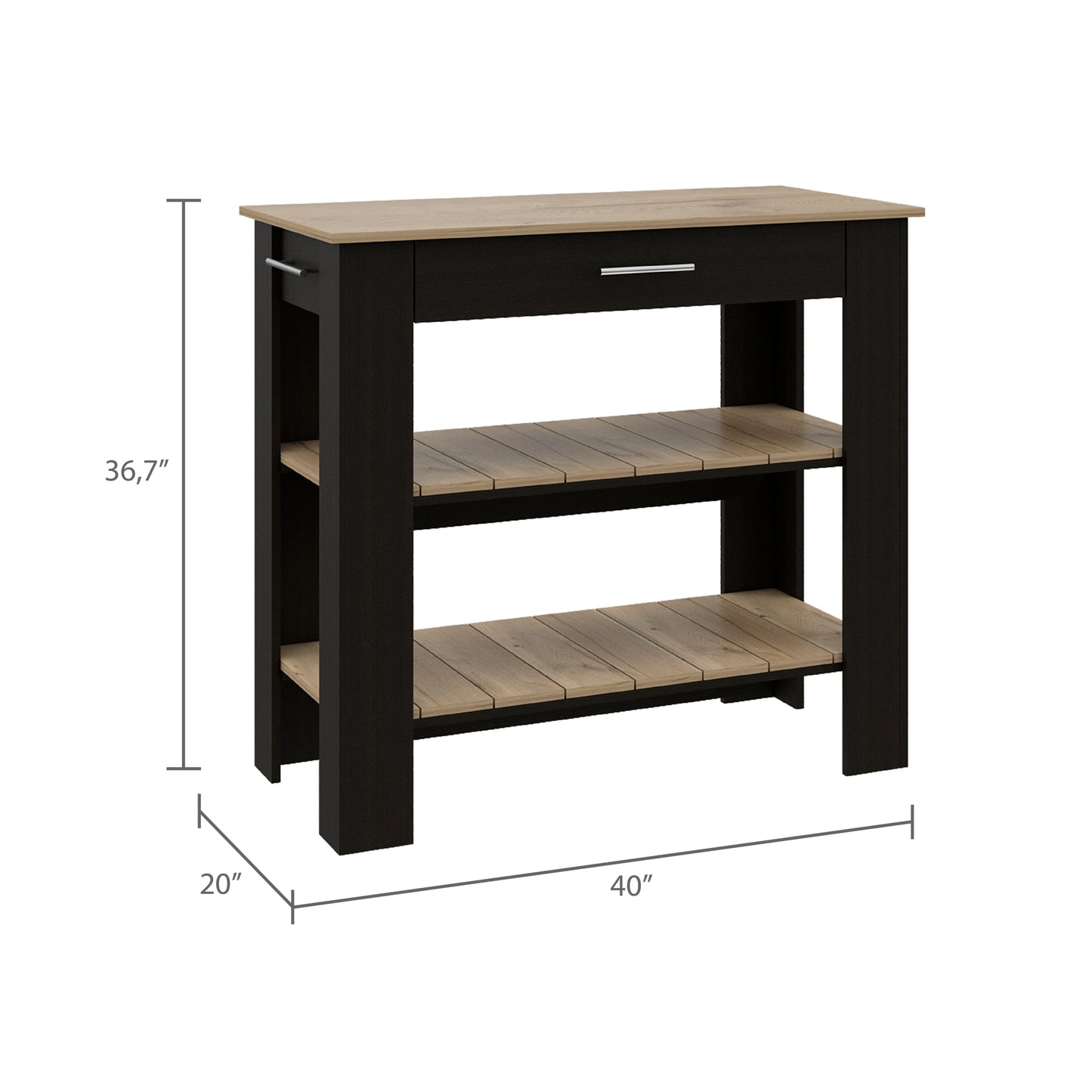 Multifunctional Kitchen Island with Storage Shelves and Drawer - 37" H, Black/Light Oak