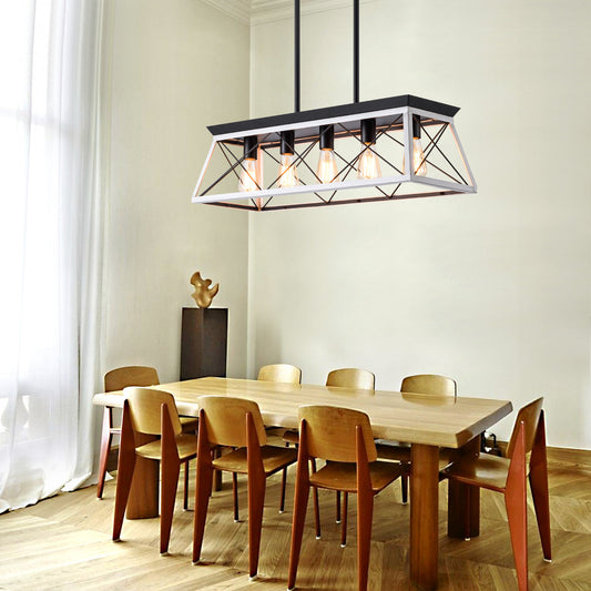 5-Light Farmhouse Pendant Chandelier for Dining Room & Island, Iron & Wood, E26, No Bulbs Included, White