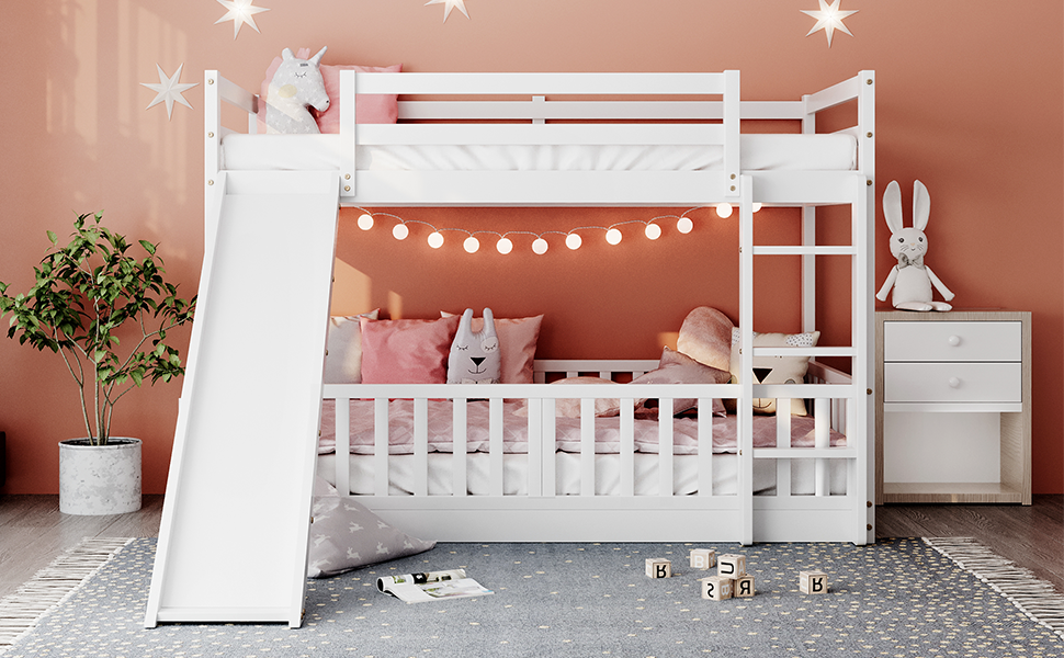 Stylish Twin Over Twin Bunk Bed with Fun Slide and Versatile Ladder in White