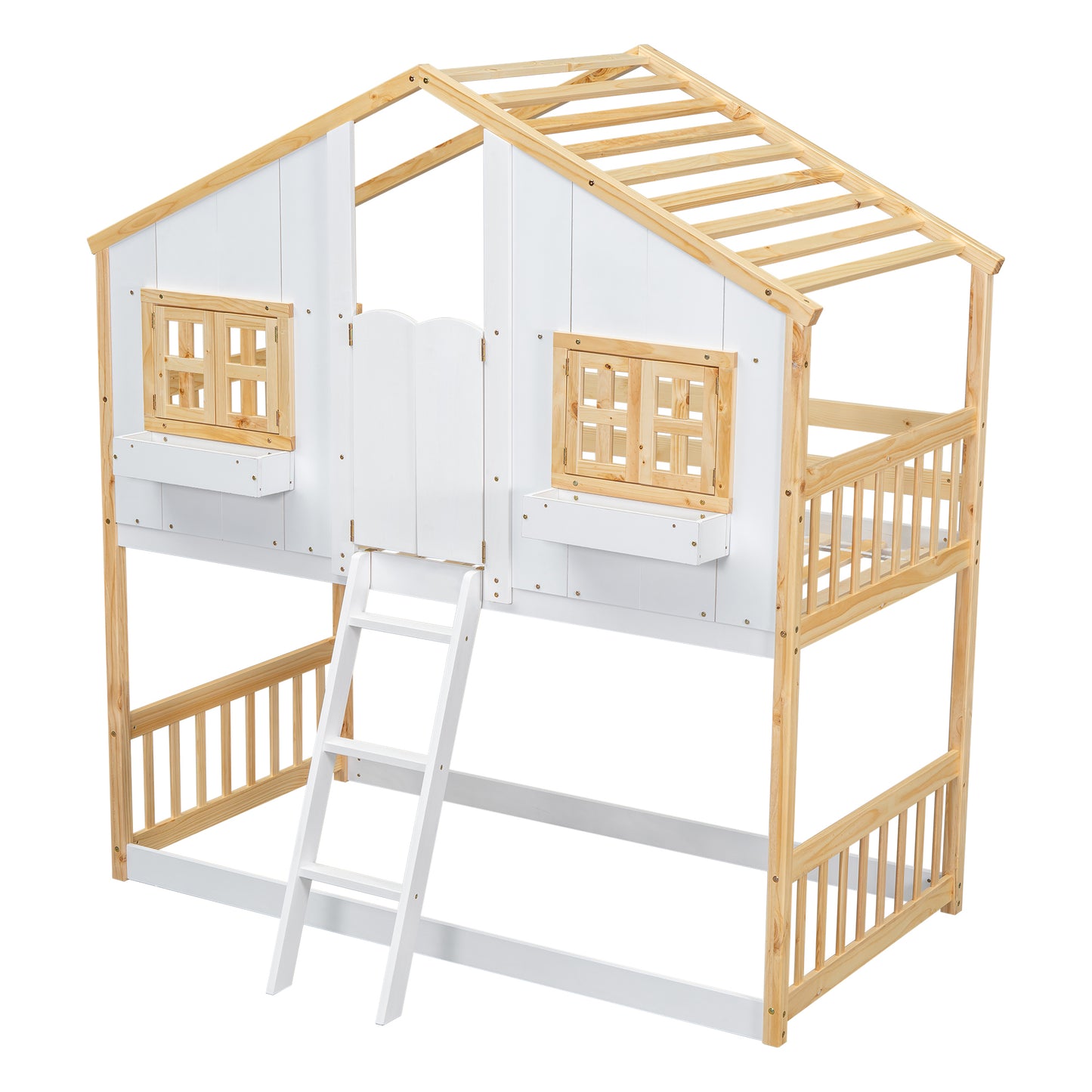 Twin House Bunk Bed for Kids with Roof, Windows, and Safety Features - Natural/White Finish