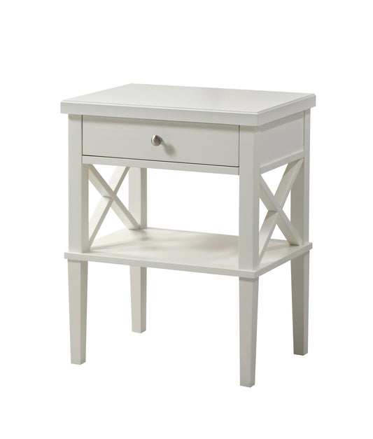 Solid Wood Bedroom Nightstand with Full-Extension Drawers and Open Shelf, 16x22x28 Brushed Nickel White