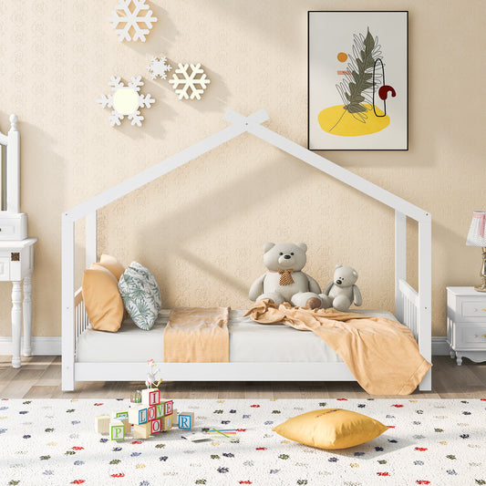 Whimsical Twin House Bed with Roof, Headboard & Footboard - White