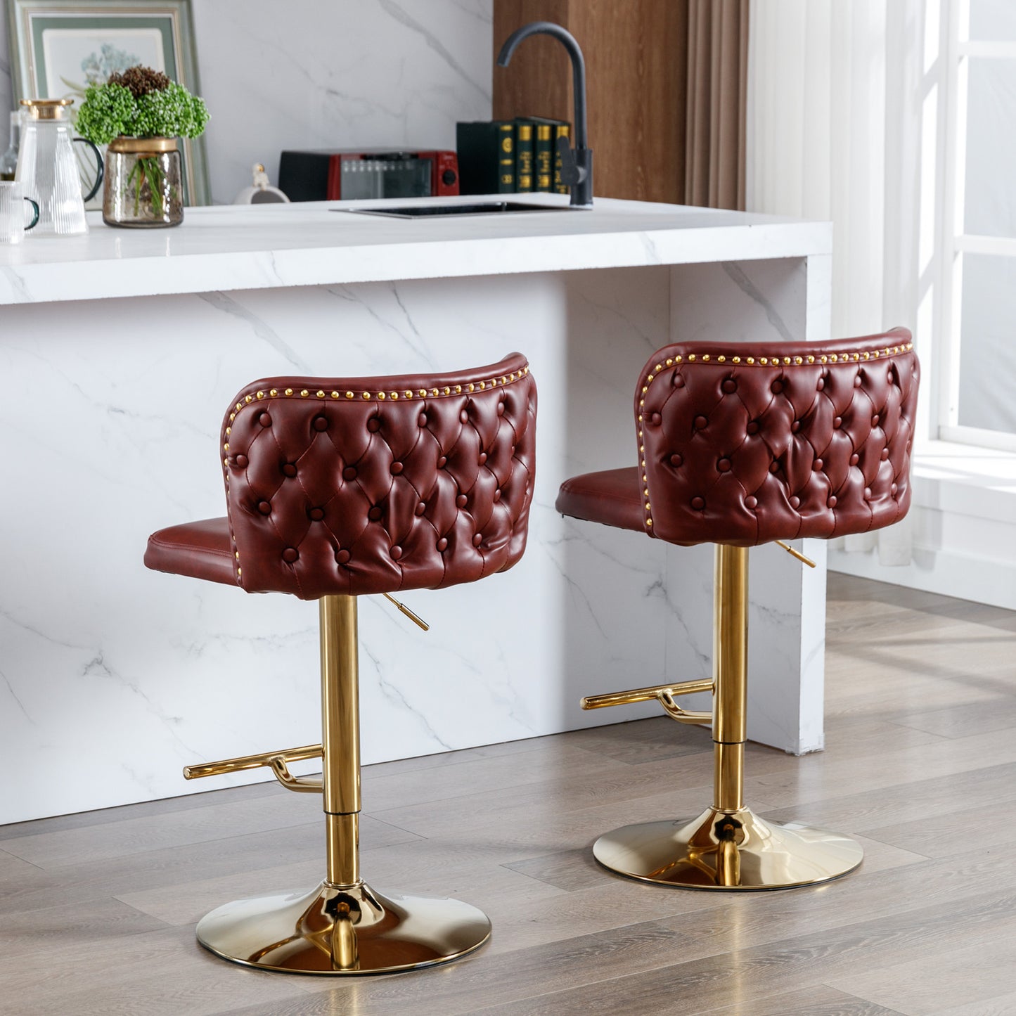 Swivel Barstools Adjustable PU Upholstered Wine Red 2 Pack