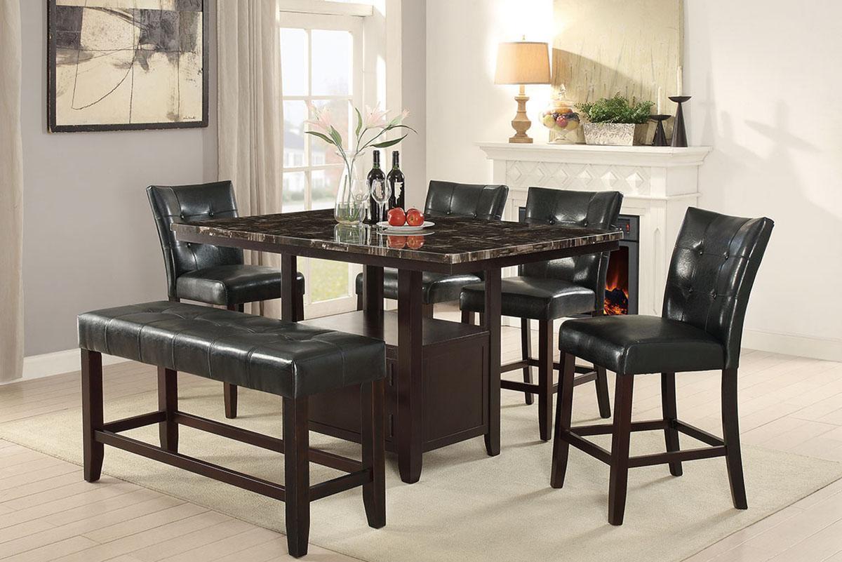 Counter Height 48in Dining Bench, Faux Leather Tufted Seat, Rubberwood Base, Farmhouse Dining Room Black Brown Finish