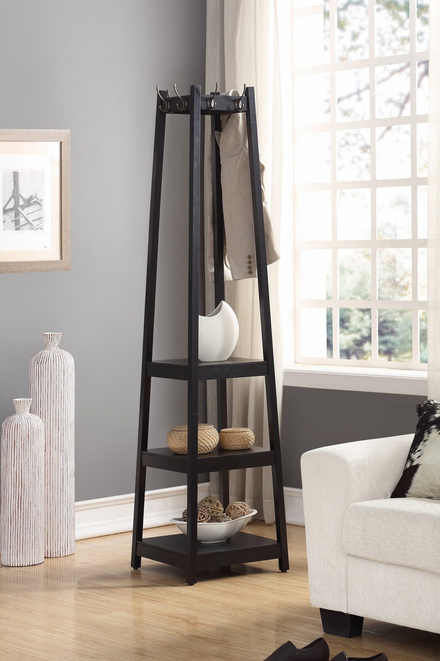 Wood Coat Rack with 3-Tier Storage Shelves, 72-Inch Tall Entryway Organizer, 17 x 17-Inch Footprint Black Finish