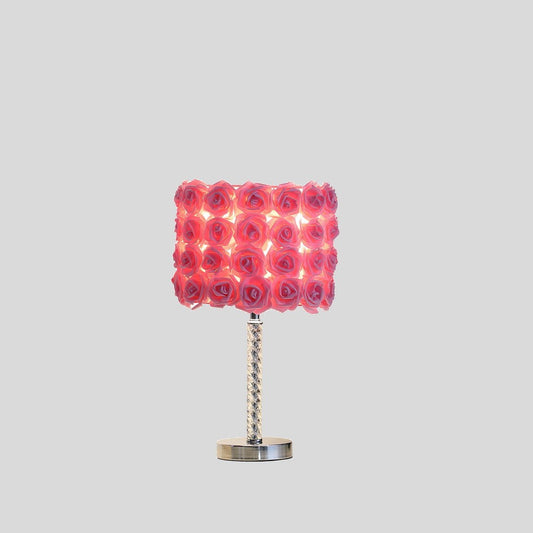 18.25-Inch Table Lamp with Acrylic & Metal Body, Rose Bloom Motif, Drum Shade, 80W Max, 110-120V Pink