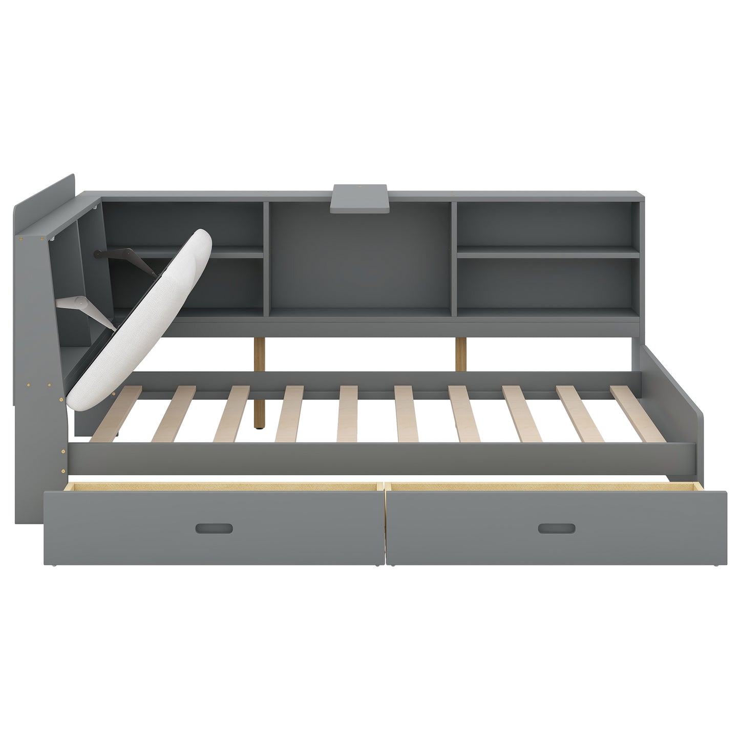 Gray Wood Twin Platform Bed with Storage Headboard, Shelves, and Dual Drawers