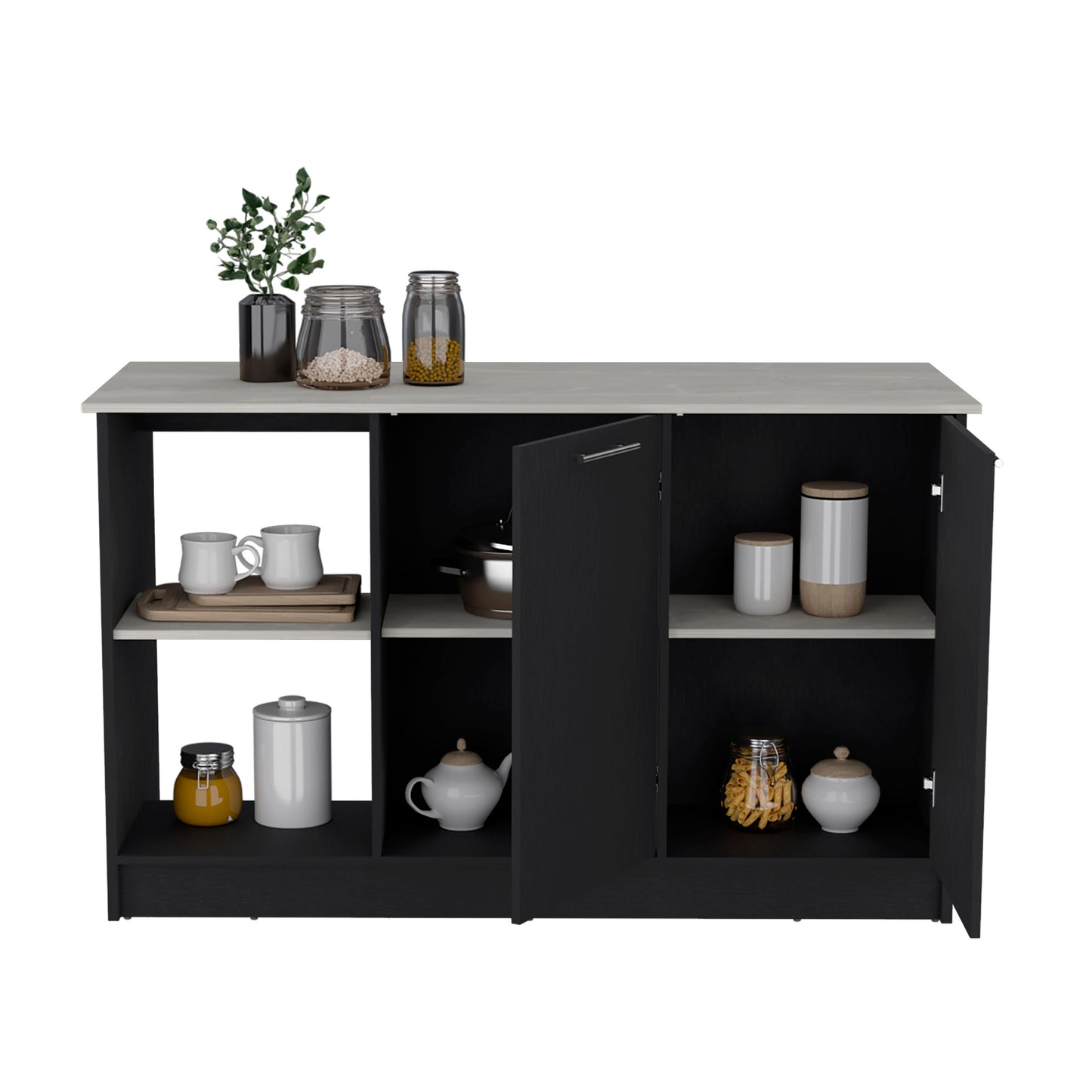 Modern Black Kitchen Island with Spacious Marble Top, Double Door Storage, and Open Shelving