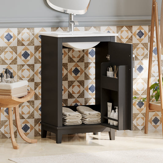 Compact 20-Inch Black Bathroom Vanity Cabinet with Ceramic Sink - Modern Design, Ample Storage, Soft-Close Door