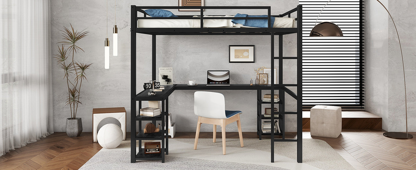 Stylish Black Metal Loft Bed with Integrated Desk and Storage Shelves