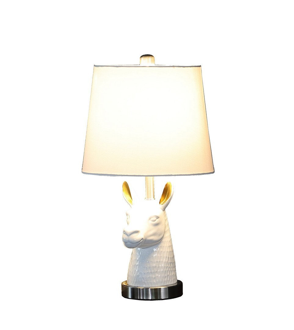 Table Lamp with Llama Bust, 20.5-Inch Tall, Polyresin Bust, Cotton/Linen Shade, Metal Base, White