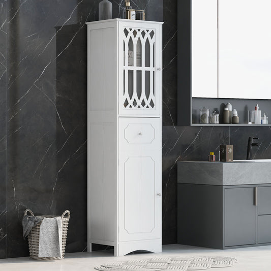 Sleek White Freestanding Bathroom Storage Cabinet with Adjustable Shelves and Drawer