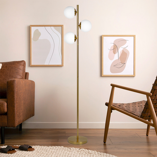 Modern Floor Lamp with Opal Glass Shades, 64-Inch Tall, Brass Round Base, Warm Ambient Lighting, Gold