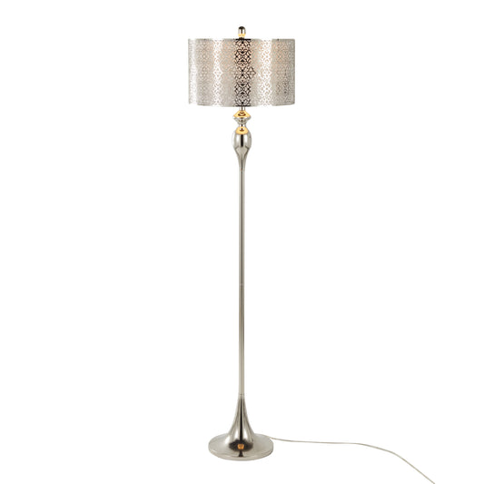 63-Inch Metal Floor Lamp with Laser Cut Metal, White Linen Shade, 3-Way Switch, Polished Nickel