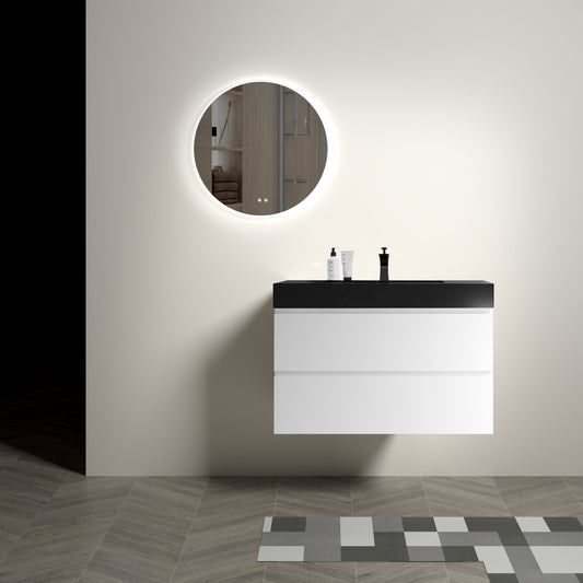 Alice 36" Contemporary White Wall-Mounted Bathroom Vanity with Black Sink Basin, Spacious Storage Solution for Modern Bathrooms, Pre-assembled Design