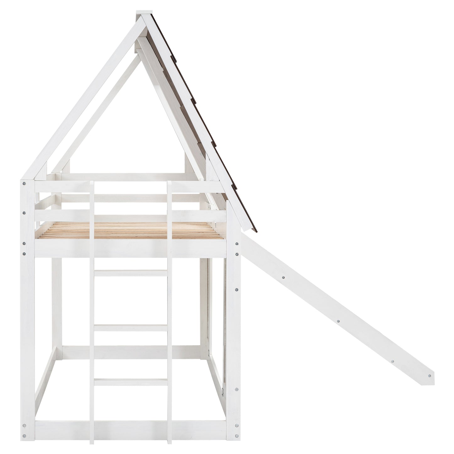 Wooden Twin House Bunk Bed with Roof, Ladder, and Slide in White and Brown