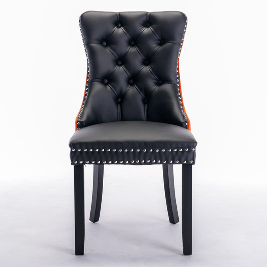 Modern Tufted Wood Dining Chair Set with PU Leather and Velvet Upholstery, Wood Legs, 2-Pcs Black/Orange