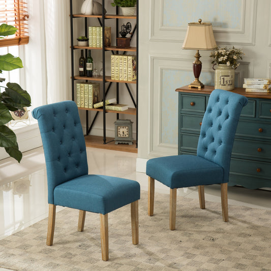 Solid Wood Parsons Dining Chair Set of 2, Tufted Upholstered 26W x 18D x 39.2H in, Oak Finish, Blue