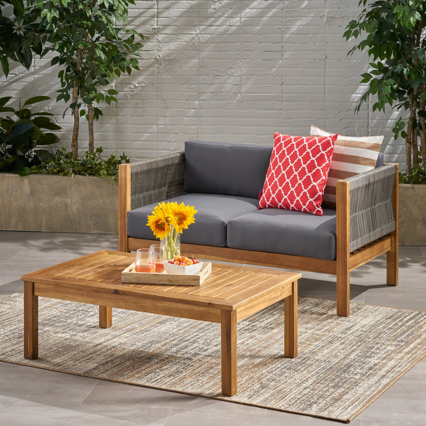 Patio Loveseat And Coffee Table Set With Cushions In Acacia Wood For Garden Minimalist Style 50L 29W Teak