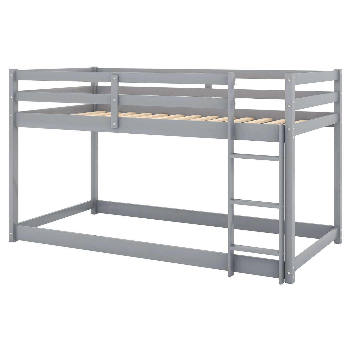 Gray Twin Over Twin Floor Bunk Bed with Ladder for Kids