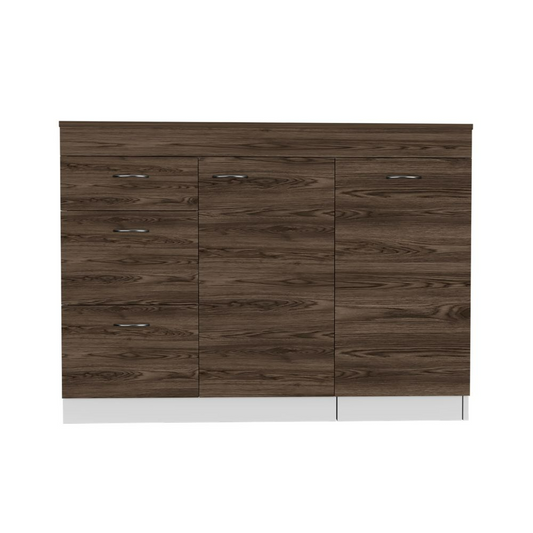 Modern Grecia Kitchen Base Cabinet with Three Drawers and Two Shelves - White & Dark Walnut