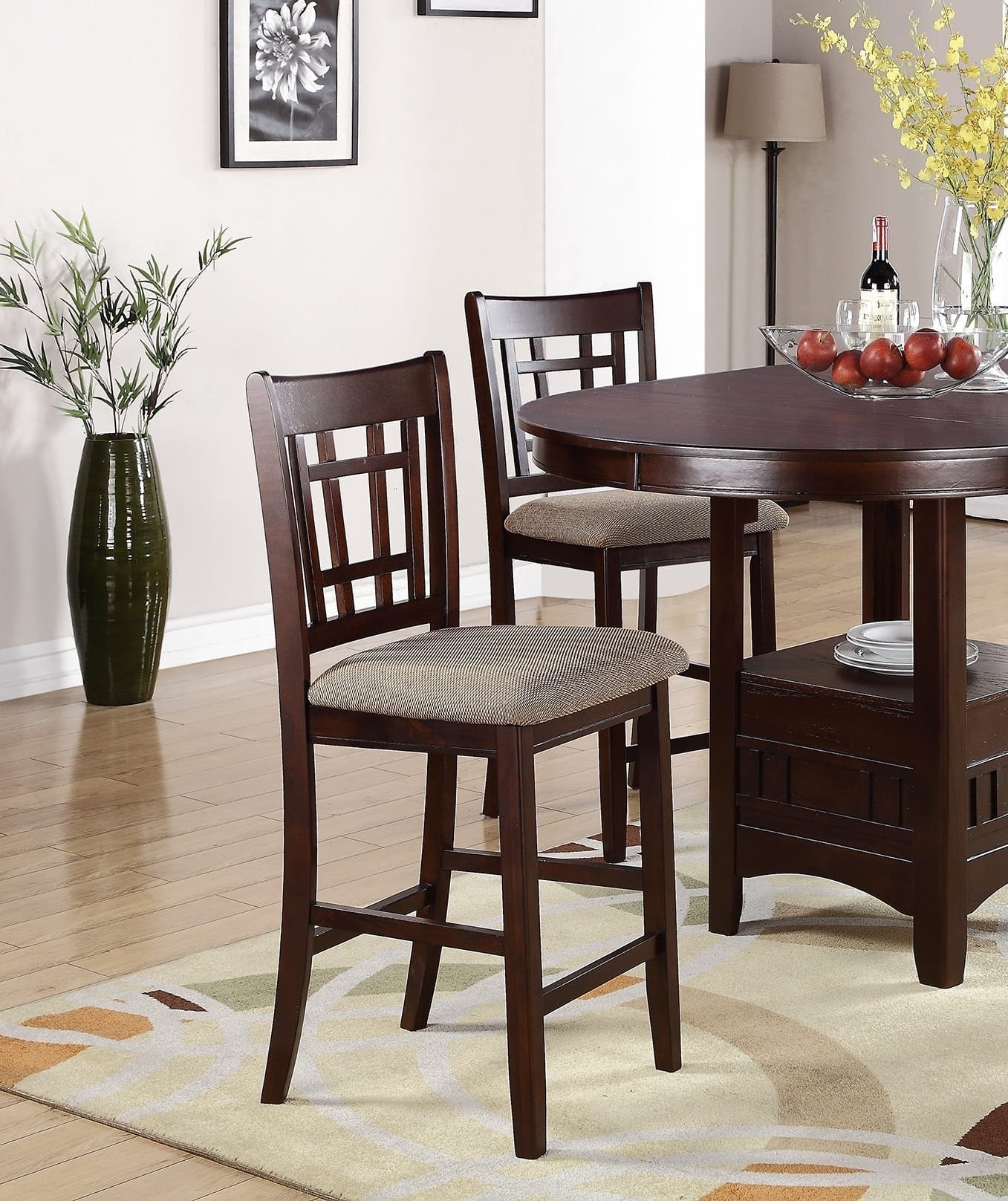 Round Counter Height Dining Table Dark Rosy Brown Finish