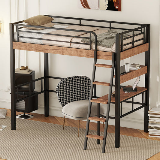 Black Metal Twin Loft Bed with Integrated Desk, Storage Shelf, and Ladder