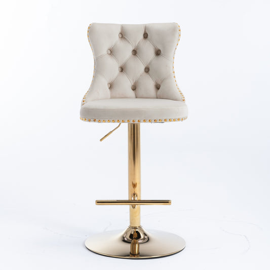 Beige Velvet Bar Stools Tufted Back Adjustable 25 33 Set 2