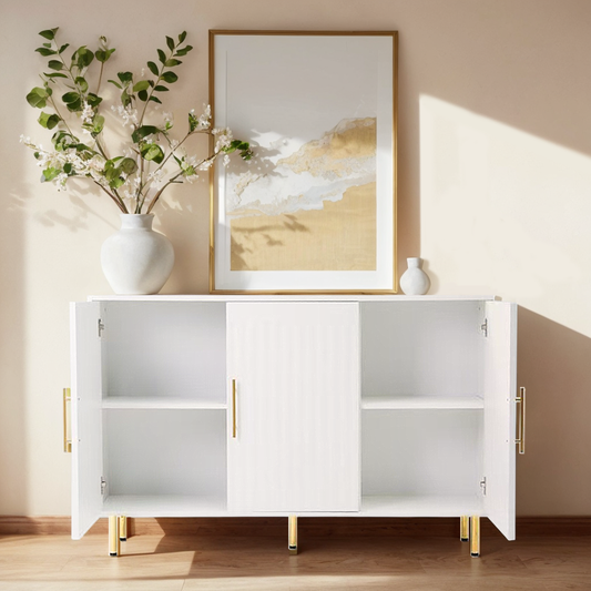 3-Door Large Storage Sideboard with Gold Handles for Kitchen, Dining Room and Living Room.55.12" W Accent White Buffet Cabinet, Coffee Bar Sideboard Cabinet with 3 doors (White)