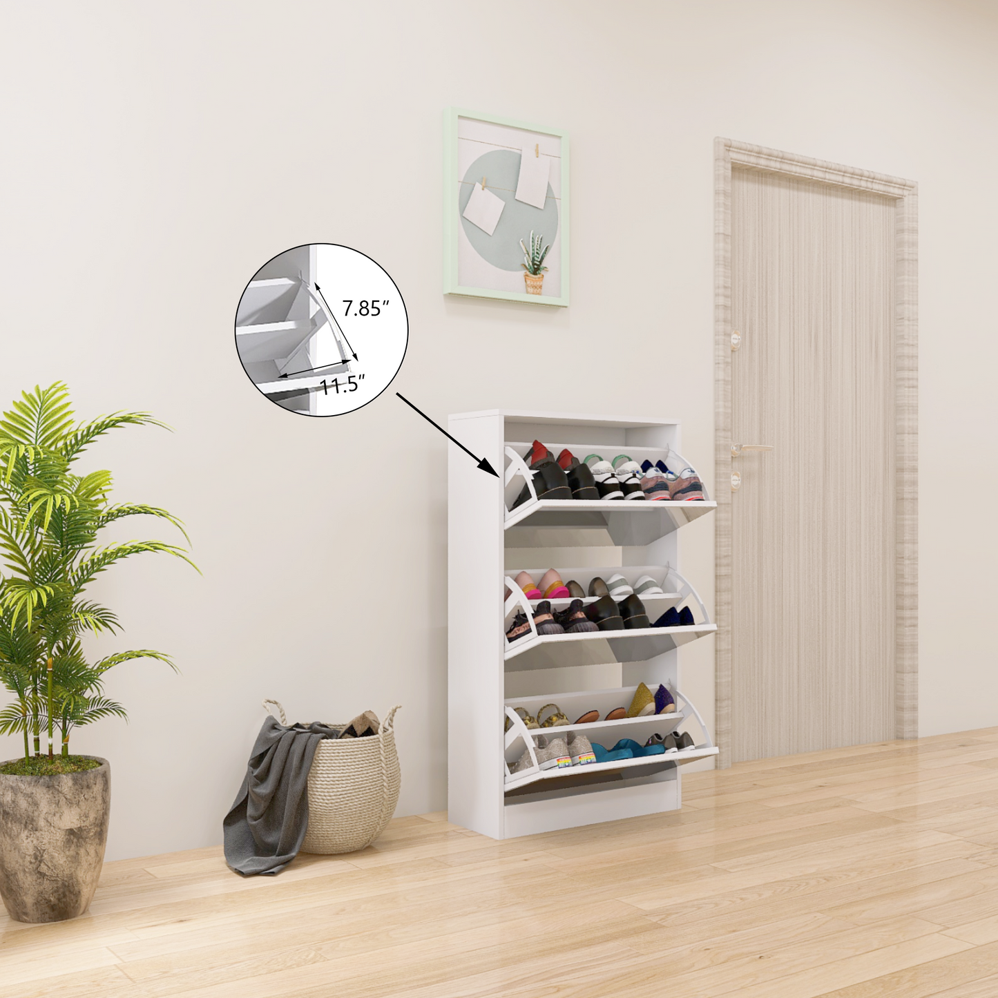 Slim Mirror Shoe Storage Cabinet – 3-Tier Wooden Organizer for Entryway and Bedroom, White Finish
