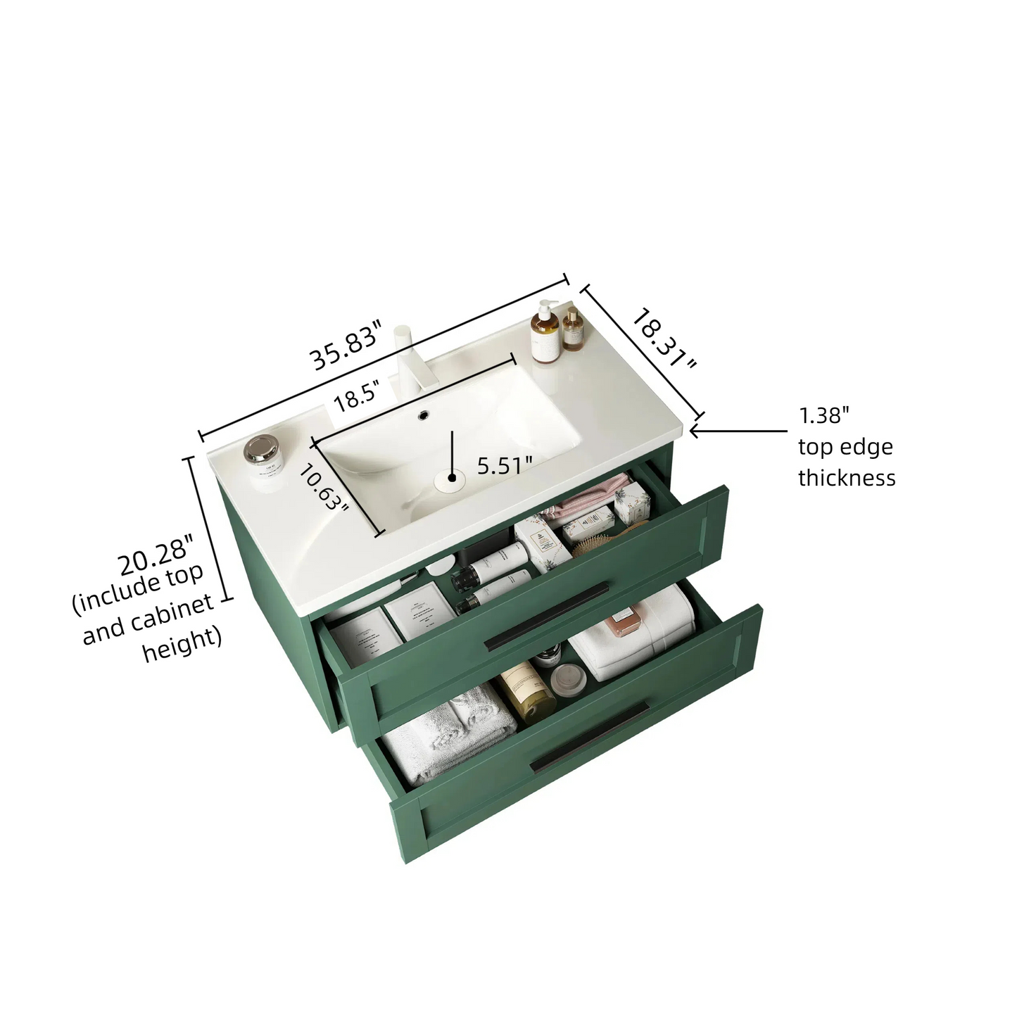 Modern 36" Green and White Wall-Mounted Bathroom Vanity with Integrated Ceramic Sink and Soft-Close Drawers