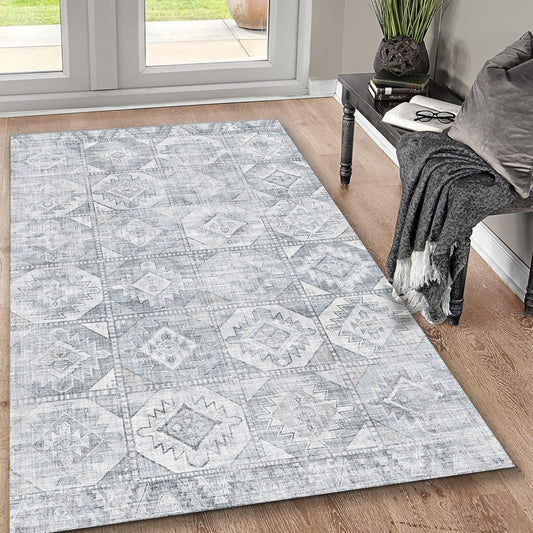 5' x 7' Washable Non-Slip Area Rug, Low-Pile Polyester, TPR Backing, Durable for High-Traffic, Silver