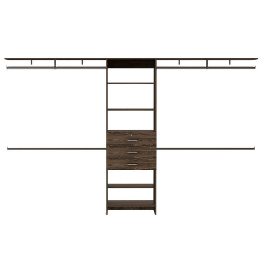 Plego Adjustable Drawers Closet System with Five Shelves and Four Hanging Rods - Dark Walnut Finish