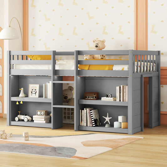 Twin Size Low Loft Bed for Kids with Dual Shelving and LED Lights in Grey