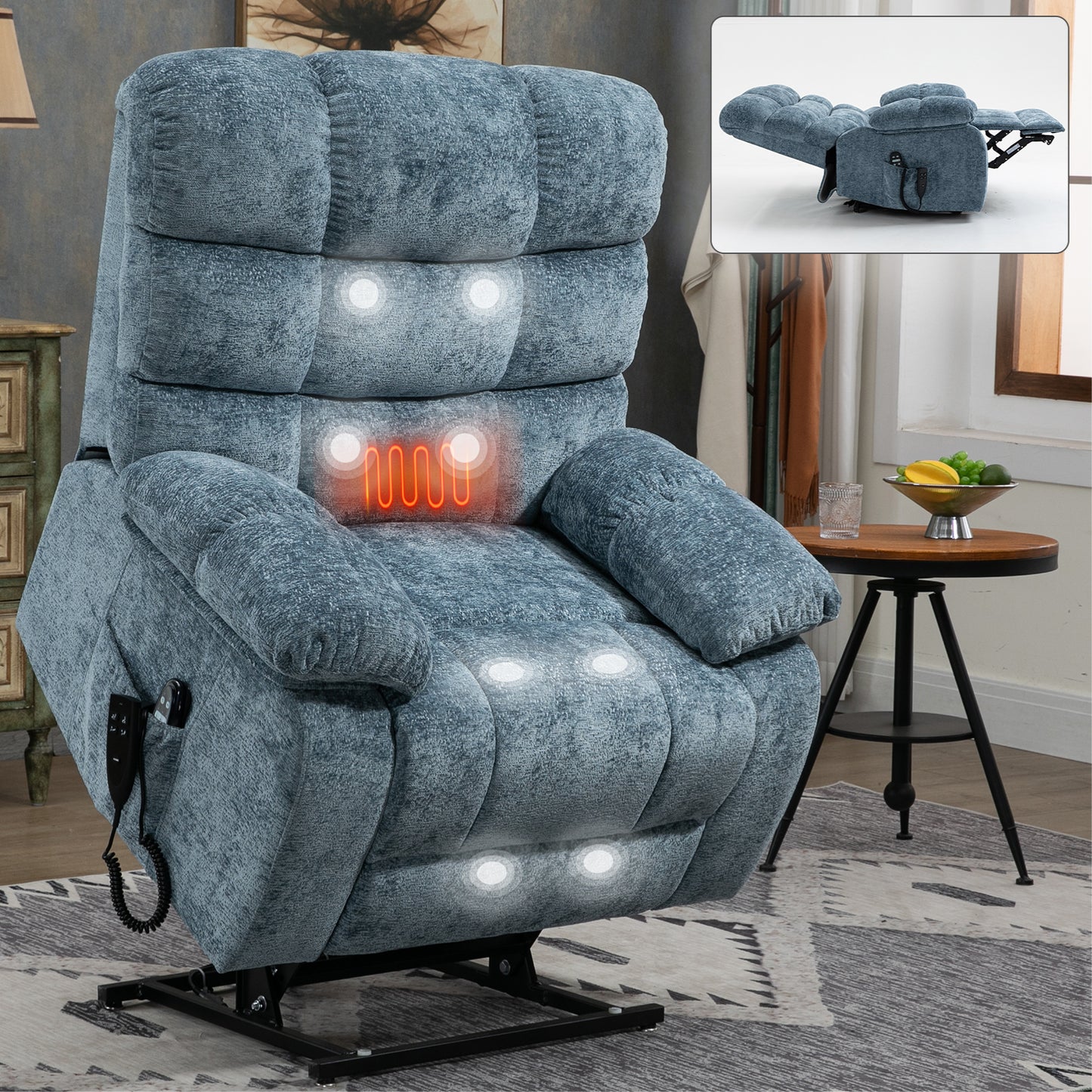 Power Lift Recliner with Dual Motors, Heat Massage, Infinite Position, 350 LBS, Remote, Chenille, Blue