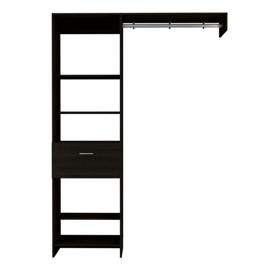 Manchester 150 Modern Closet Organizer with Metal Rod, Open Shelving, and Drawer - Black