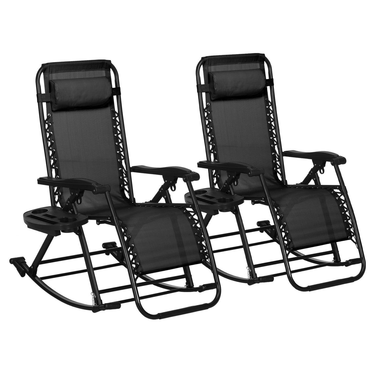 Two Pack Outdoor Foldable Zero Gravity Rocking Chairs With Pillow Cup And Phone Holders Folding Legs Black
