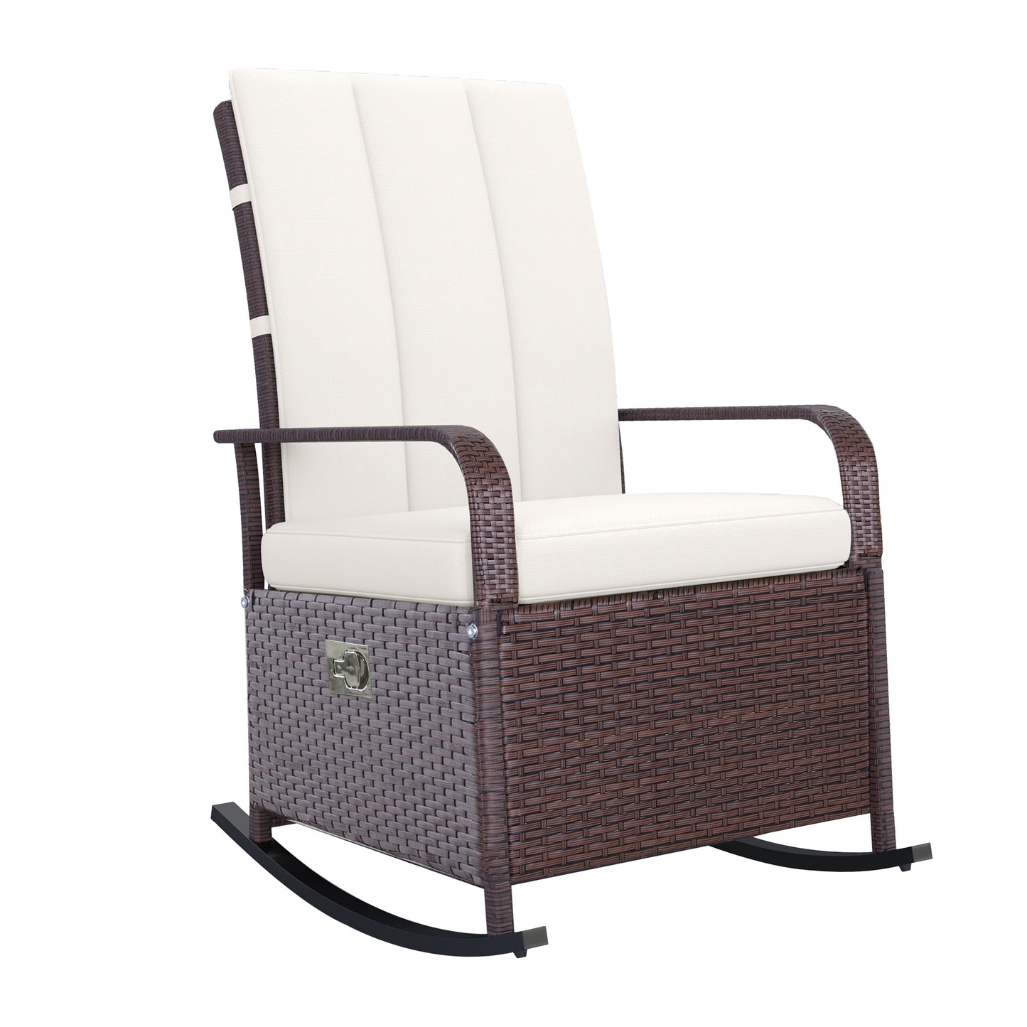 Outdoor Wicker Rocking Chair With Adjustable Backrest And Footrest For Patio Garden Porch Beige